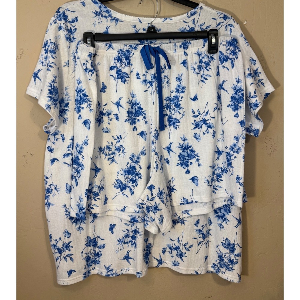 Croft & Barrow Pajama Set Women 2X White Blue Floral Birds Butterflies 2pc NEW